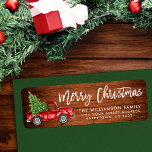 Wood Brush Script Vintage Truck Christmas Green<br><div class="desc">Rustic Wood - Brush Script Watercolor Vintage Red Truck with Christmas Tree - Merry Christmas Family Return Address Label</div>