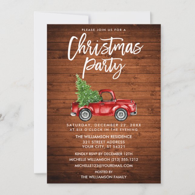 Wood Brush Script Vintage Truck Christmas Party Invitation (Front)
