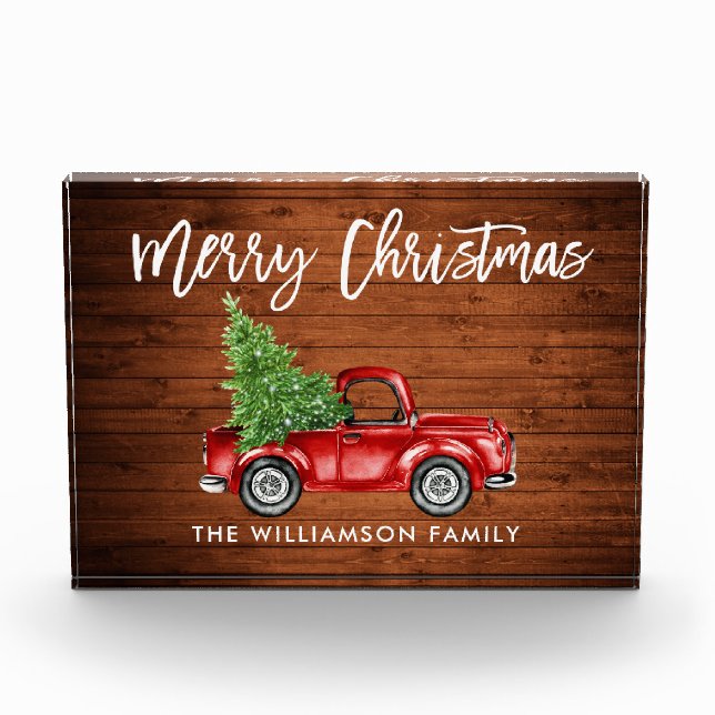 Wood Brush Script Vintage Truck Christmas Photo Block (Front)