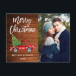 Wood Brush Script Vintage Truck Couple Christmas Postcard<br><div class="desc">Rustic Wood Brush Script Watercolor Vintage Red Truck with Christmas Tree - Merry Christmas Couple Photo Postcard</div>