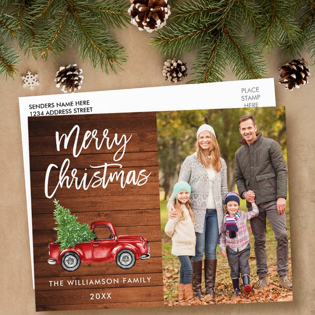 Wood Brush Script Vintage Truck Photo Christmas Postcard (Customize to change your personalized text size or text style.)