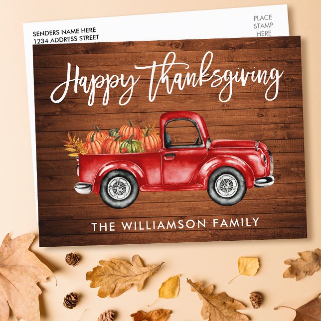 Wood Brush Script Vintage Truck Thanksgiving Postcard (Customize to change your personalized text size or text style.)