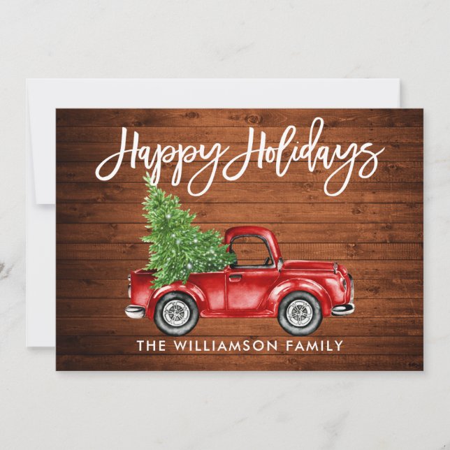 Wood Brush Script Vintage Truck Tree Holiday Card (Front)