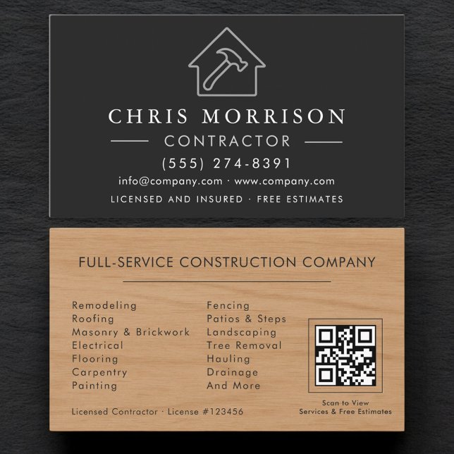 Wood Building Construction Black Silver QR Code Business Card (Creator Uploaded)