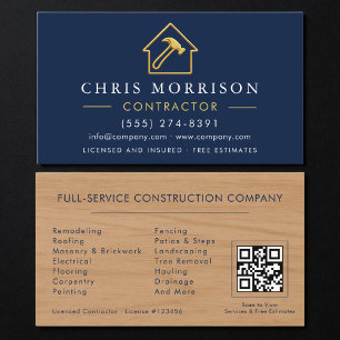 Wood Building Metallic Navy Blue Gold QR Code Business Card