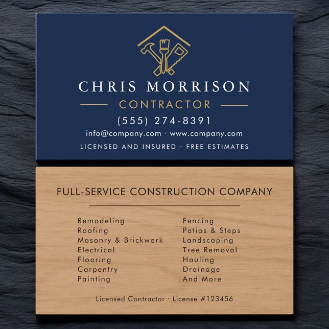 Wood Building Navy Blue Home Improvement Business Card (Creator Uploaded)