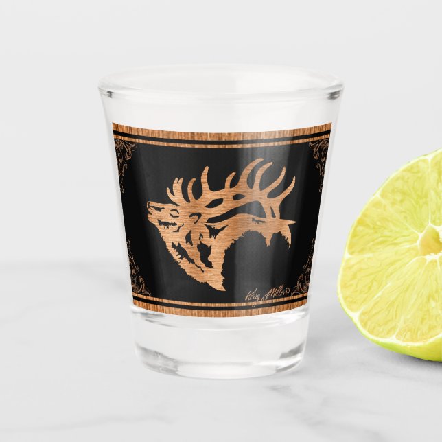 Wood Bull Elk Shot Glass (Front)
