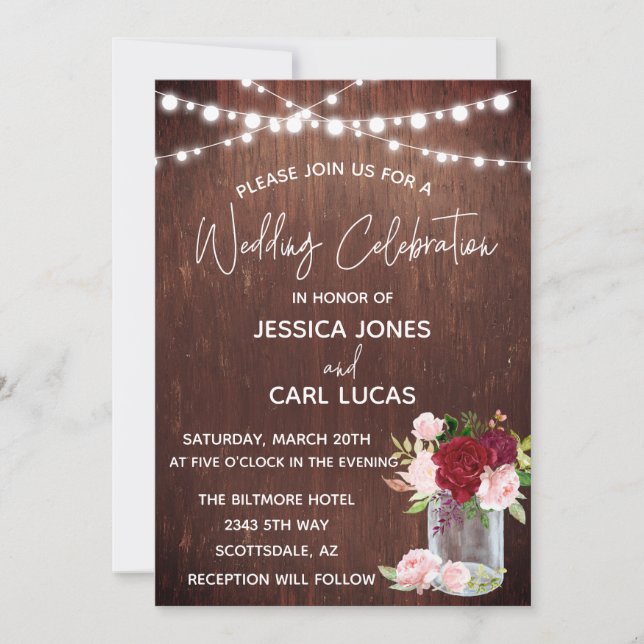 Wood Burgundy Blush Pink Rose Mason Jar Lights Invitation (Front)