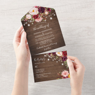 Wood Burgundy Floral Lights Rustic Wedding All In  All In One Invitation