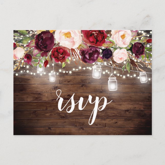 Wood Burgundy Floral Mason Jar String Lights RSVP Invitation Postcard (Front)