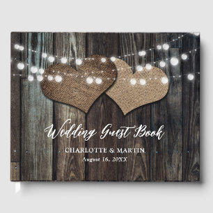 Wood Burlap Hearts String Lights Country Wedding Guest Book