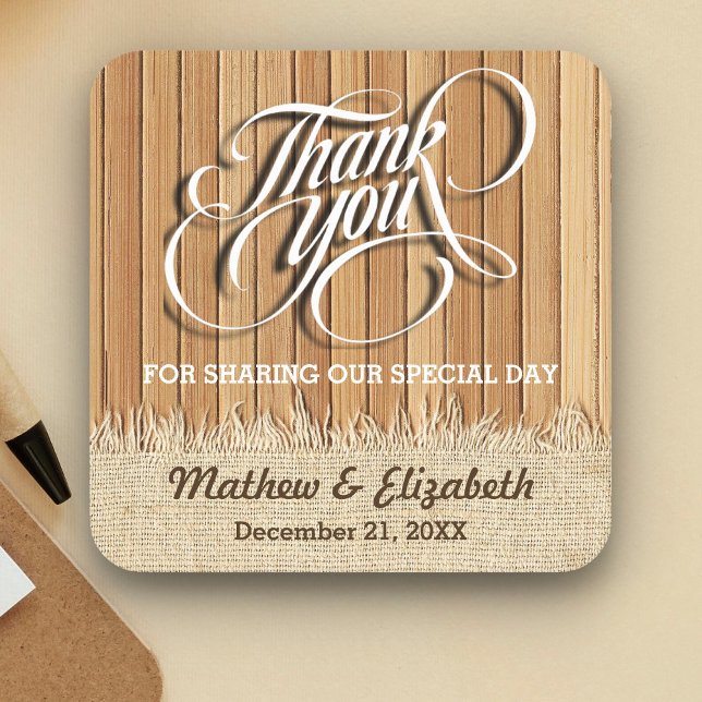 Wood Burlap Thank You Wedding Square Paper Coaster (Creator Uploaded)