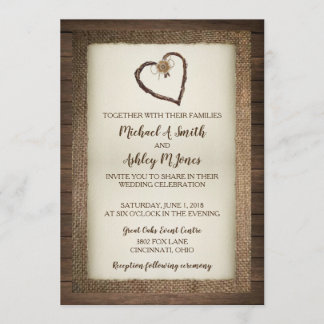 Wood, Burlap & Twine Heart Wedding Invitation