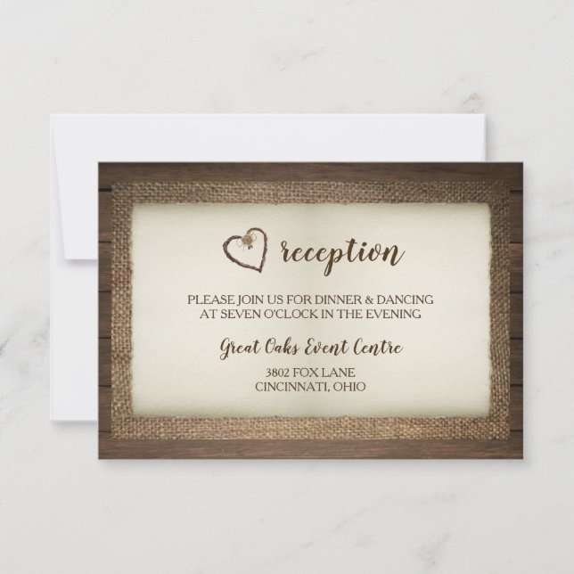 Wood, Burlap & Twine Heart Wedding Reception Card (Front)