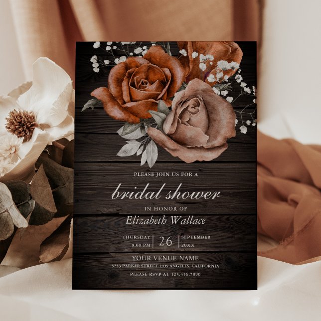 Wood Burnt Orange Roses Terracotta Bridal Shower Invitation (Creator Uploaded)