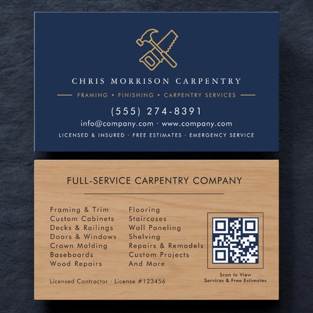 Wood Carpentry Service Hammer Saw QR Code Business Card (Creator Uploaded)