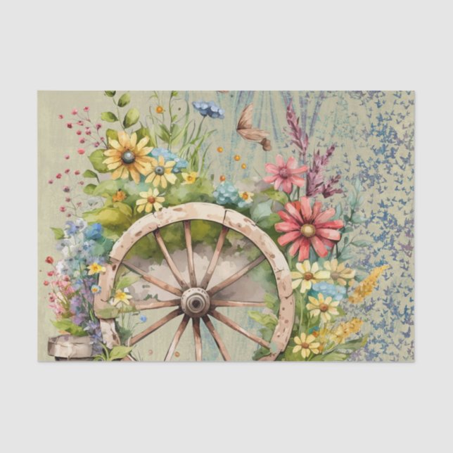 Wood Cart Filled Bright, Colourful Spring Flowers Tissue Paper (Front)