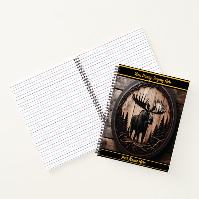 Wood-carved moose in a forest setting notebook (Inside)