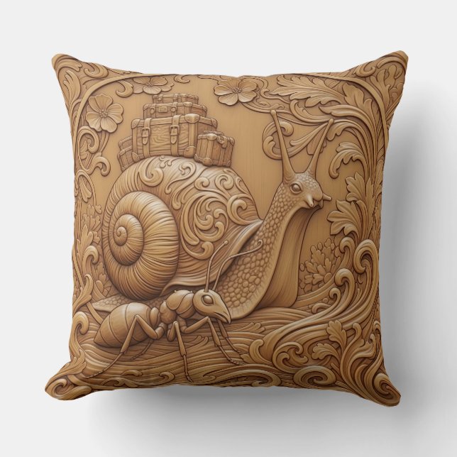 Wood carving effect Throw Cushion snail and ant (Front)