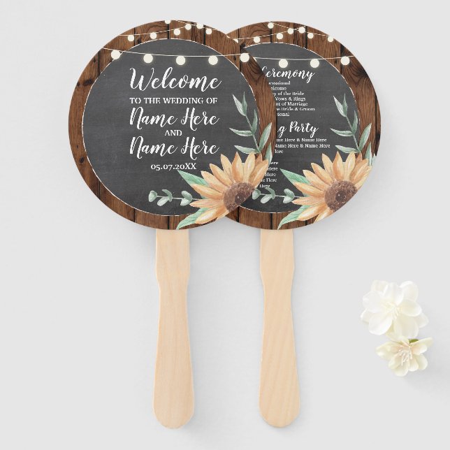 Wood Chalk Sunflowers Wedding Programme Hand Fan (Front and Back)