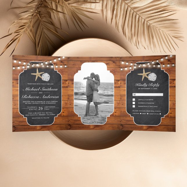 Wood Chalkboard Starfish Sand Dollar Beach Wedding Tri-Fold Invitation (Creator Uploaded)