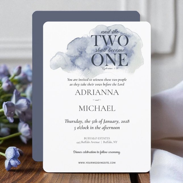 Wood Christian Two Become One Watercolor Blue Invitation (Creator Uploaded)