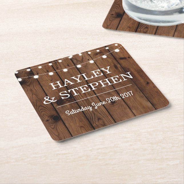 Wood Coasters Rustic Lights Wedding Party (Angled)