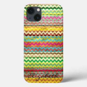 Wood Colourful Chevron Stripes Monogram iPhone 13 Case