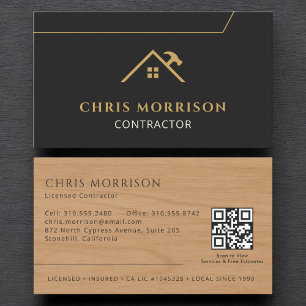 Wood Contractor Construction QR Code Black Gold Business Card