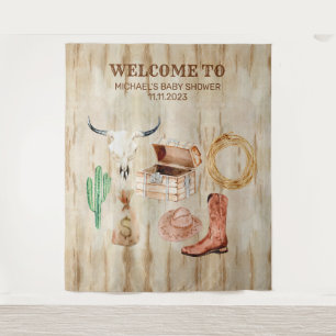 Wood Cowboy Baby Shower welcome backdrop Tapestry