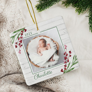 Wood Cranberry Foliage Baby First Christmas Photo Ceramic Ornament