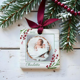 Wood Cranberry Foliage Baby First Christmas Photo Ceramic Ornament