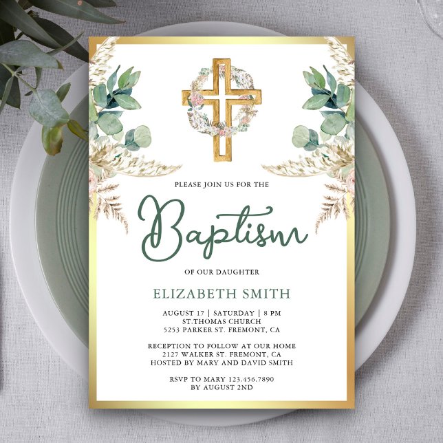 Wood Cross Boho Pampas Eucalyptus Gold Baptism Invitation (Creator Uploaded)