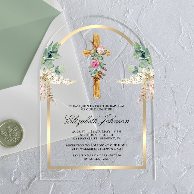 Wood Cross Gold Arch Pampas Eucalyptus Baptism Acrylic Invitations (Creator Uploaded)