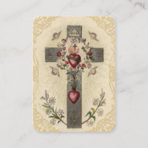 Wood Cross Sacred Hearts Angels Flowers Holy Card