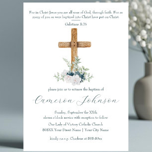 Wood Cross White and Blue Flowers Baptism Invitation