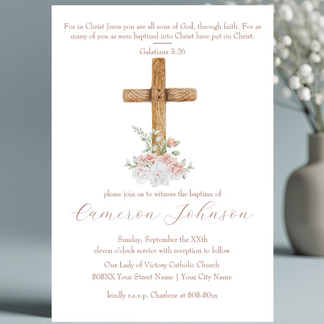 Wood Cross White and Blush Flowers Baptism Invitation (Creator Uploaded)
