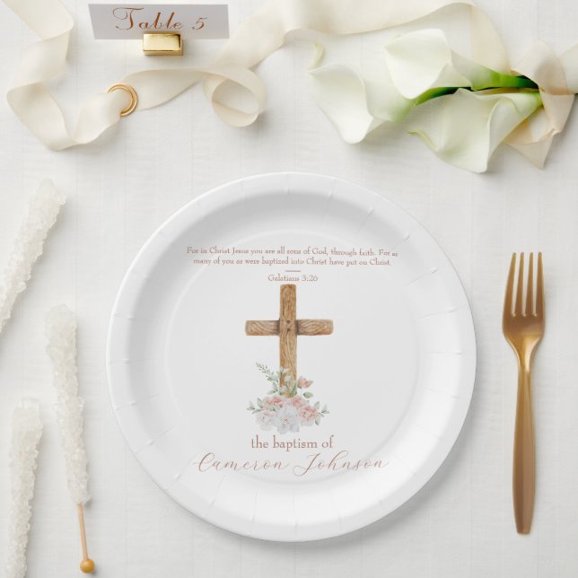 Wood Cross White & Blush Baptism Bible Verse Paper Plate (Wedding)