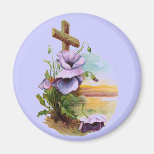 Wood Cross With Purple Flowers Magnet