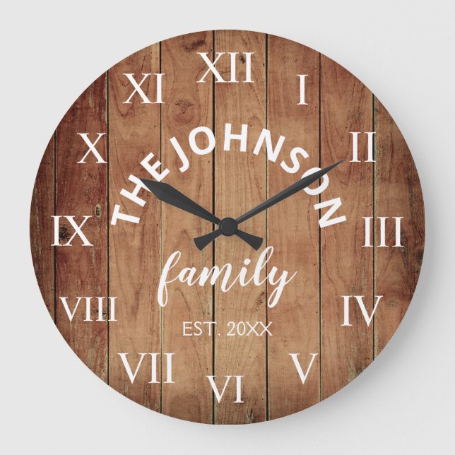 Wood Custom Family Name Rustic Farmhouse Large Clock (Front)