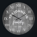 Wood Custom Family Name Rustic Farmhouse Large Clock<br><div class="desc">The grey (grey) wooden farm house style wall clock is perfect for your country farmhouse kitchen. Customise with your family name and established year for a unique and personalised birthday or Christmas gift.</div>