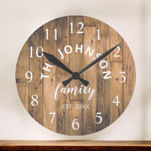 Wood Custom Family Name Rustic Farmhouse Round Clock