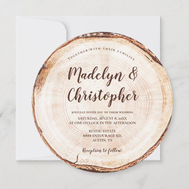 Wood Cut Grain Rustic Wedding Script Names Invitation (Front)