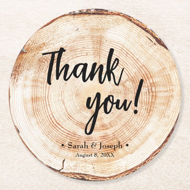 Wood cut  Wedding handlettering Thank You Favour Round Paper Coaster (Front)