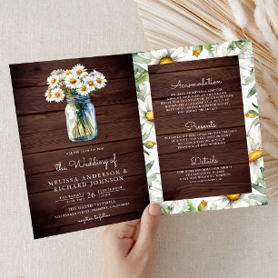 Wood Daisies Floral Mason Jar QR Code Wedding Invitation