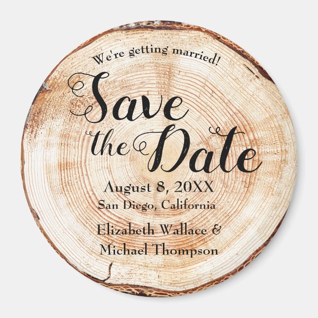 Wood Disc Tree ring background Wedding Magnet (Front)