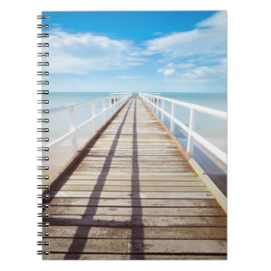 Wood Dock, Pier, Ocean and Beach, Blue Sky Spiral Notebook