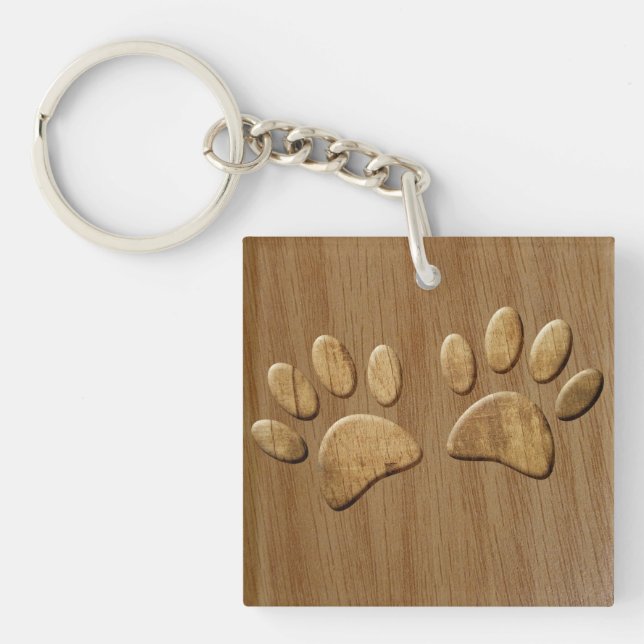 Wood Dog Paw Prints Key Ring (Front)