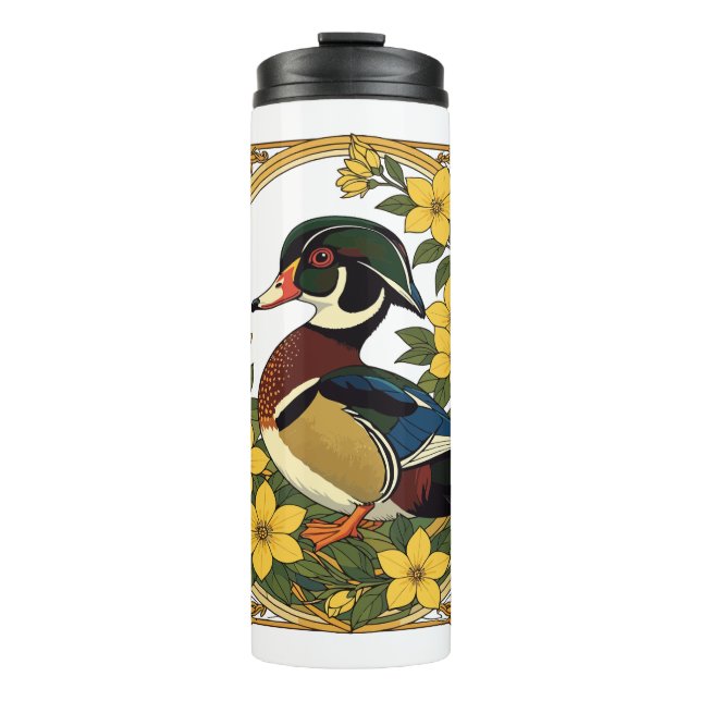 Wood Duck Aix sponsa and Jasmine Flowers Illustrat Thermal Tumbler (Front)