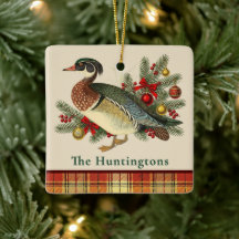 Wood Duck and Festive Holiday Greenery and Plaid